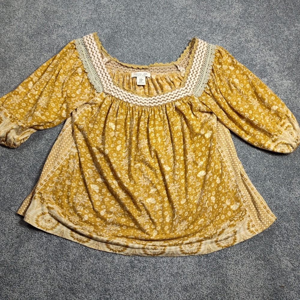Rachel Zoe Yellow Floral Square Neck Smocked Boho Bohemian Peasant Blouse Top M